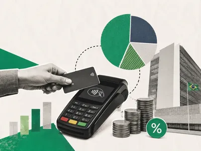 Ilustração em estilo colagem mostrando pagamento por aproximação com cartão em uma maquininha, gráficos financeiros, moedas e prédio do Ministério da Fazenda, representando mudanças nas regras de divisão de pagamentos.